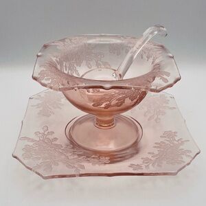 Pink Glass Condiment Set, 3 pcs with Bowl, Under Plate, & Ladle, Etched Flowers
